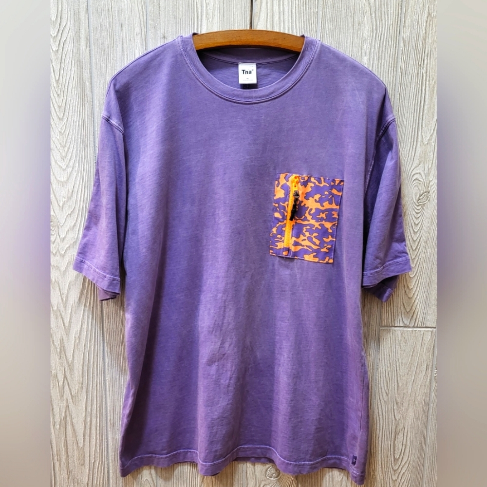 Tna Aritzia Women's Crewneck TShirt Size XS Purple Orange Cotton Camo Zip Pocket